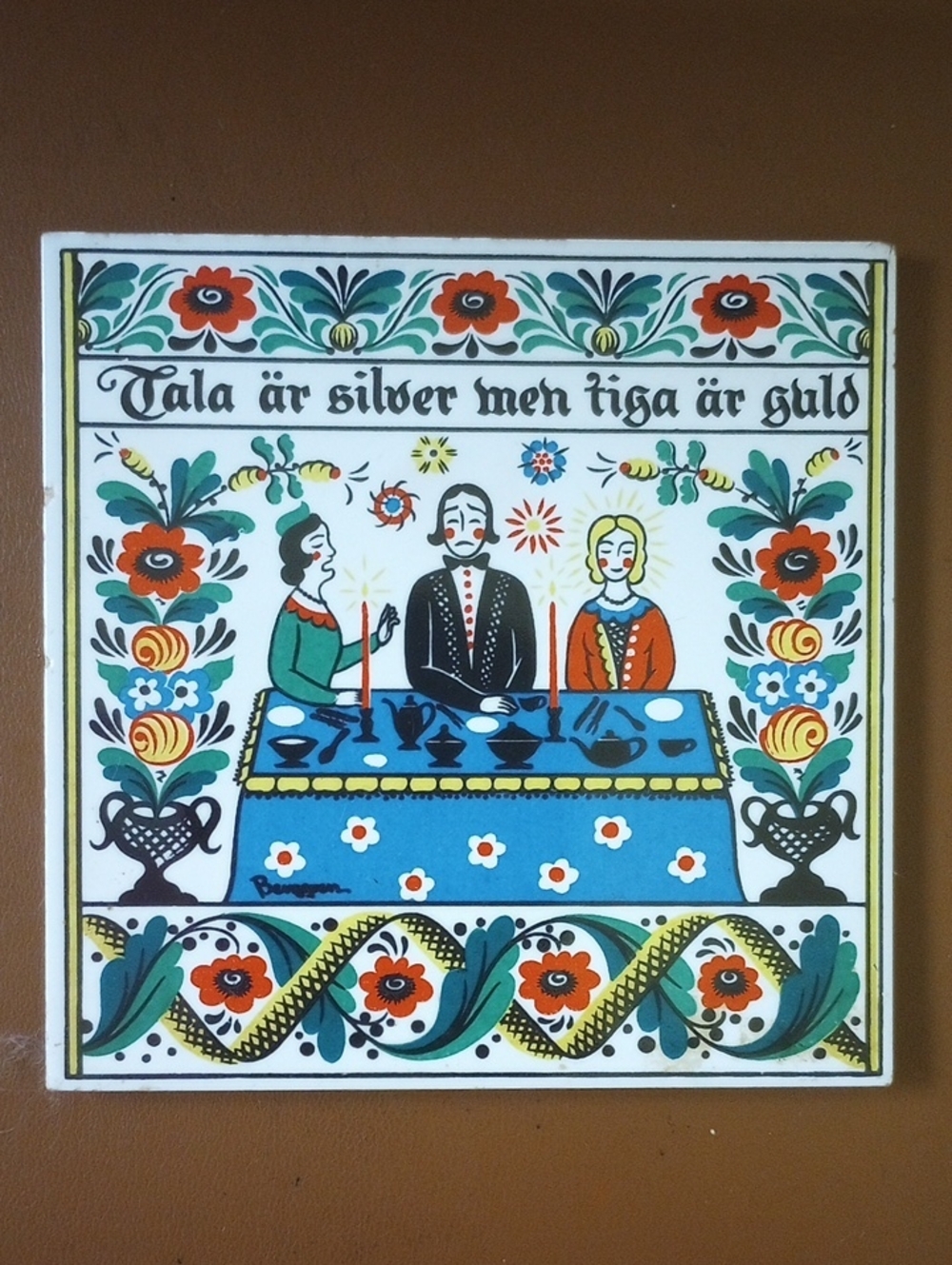 Berggren Swedish Vtg Ceramic Tile Trivet. Talk Is Silver, But Silence Is Gold